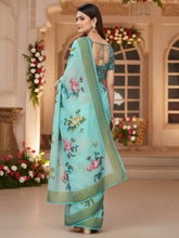 Women's Linen Light Blue Printed DesignerSaree With Blouse Piece